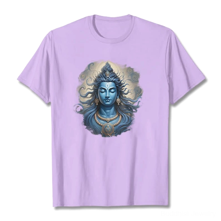 Om Namah Shivaya spiritual t-shirt in plum purple color with deity graphic, flat front display