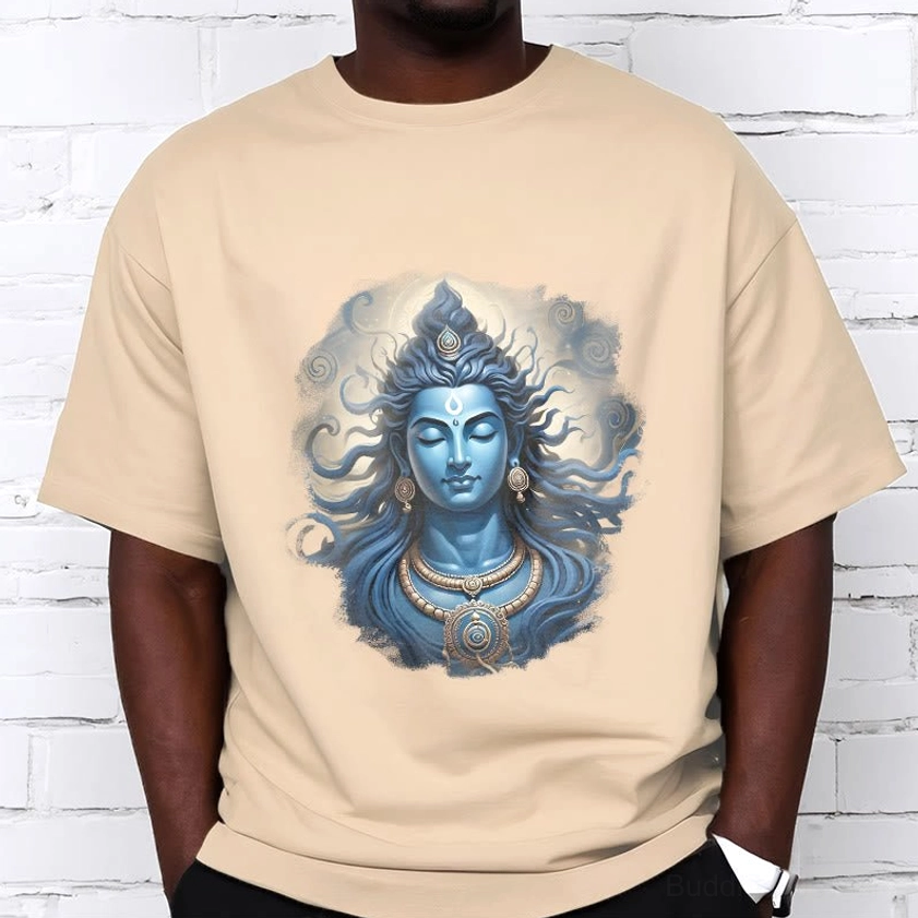 Sacred spiritual graphic tee detail shot showing high-quality white ink Om Namah Shivaya print on fabric