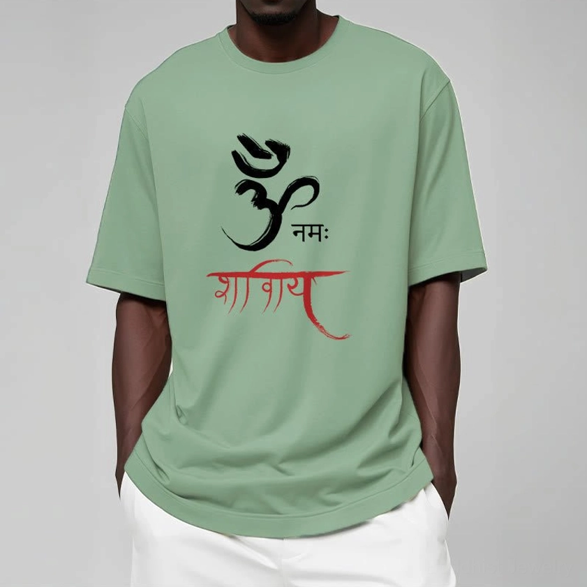 Detail shot of Om Namah Shivaya Sanskrit mantra design on high-quality cotton t-shirt