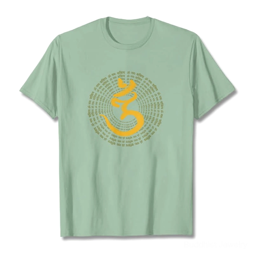 Om Namah Shivaya mantra tee Sanskrit design close-up detail authentic sacred script