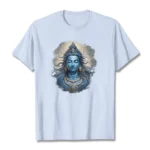 Om Namah Shivaya Buddhist graphic tee in light sky blue with white ink mantra print, flat front view