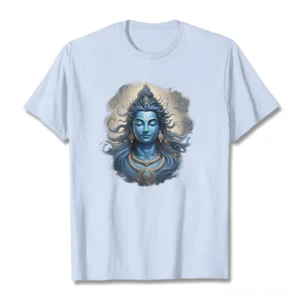 Om Namah Shivaya Buddhist graphic tee in light sky blue with white ink mantra print, flat front view