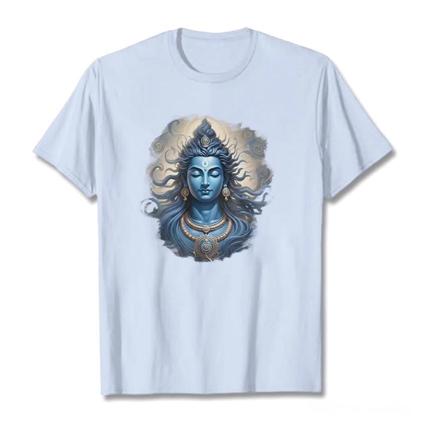 Om Namah Shivaya Buddhist graphic tee in light sky blue with white ink mantra print, flat front view