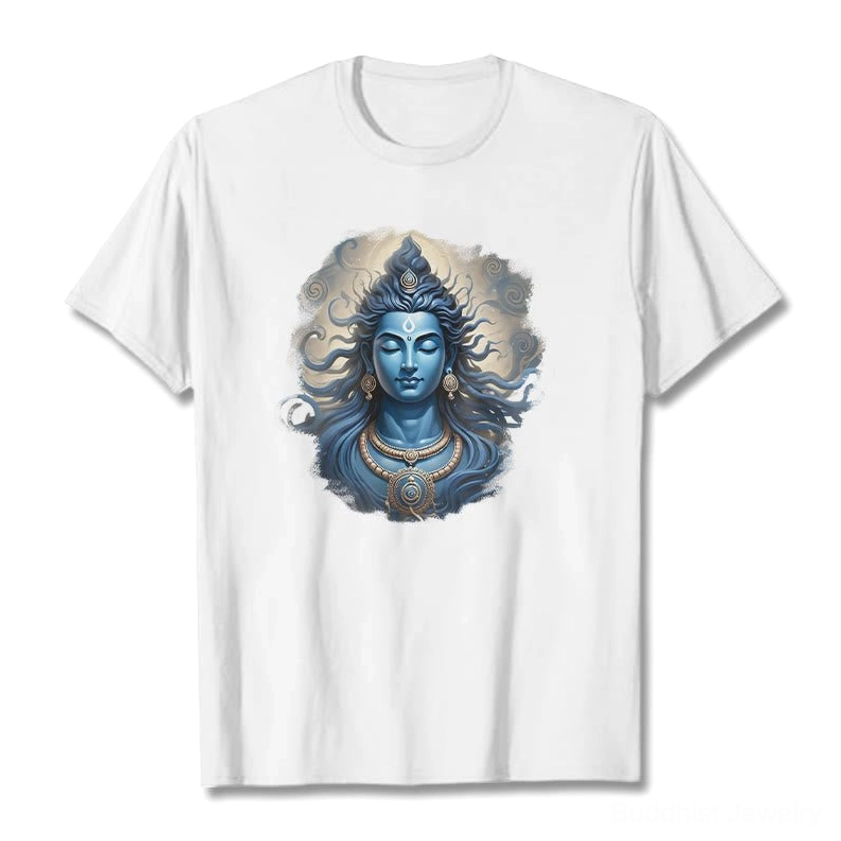 Om Namah Shivaya Buddhist tee in pure white with blue deity print, flat front view on white background
