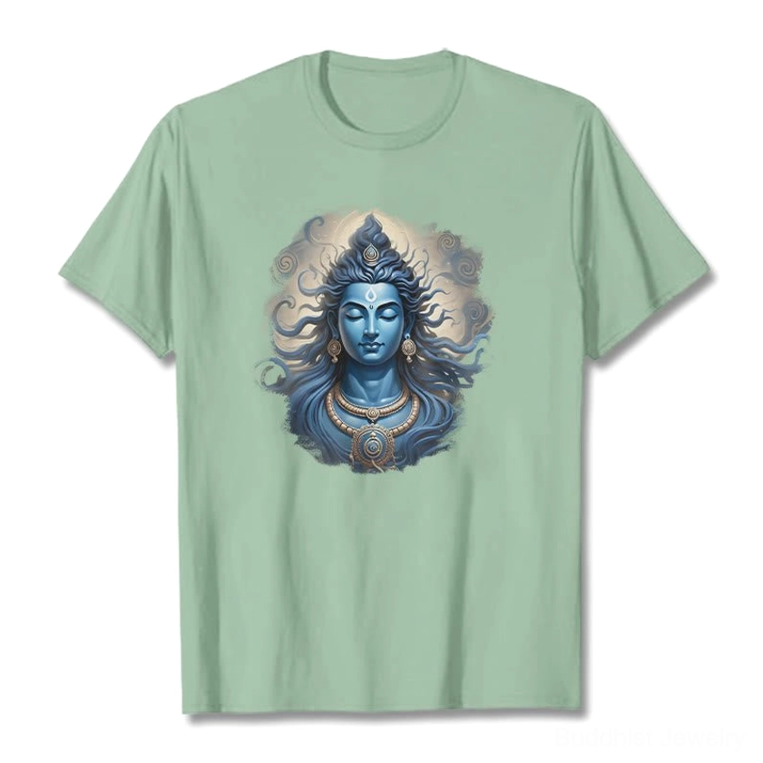 Buddhist mantra tee on male model, white shirt with chest-mounted Om Namah Shivaya print, side front pose