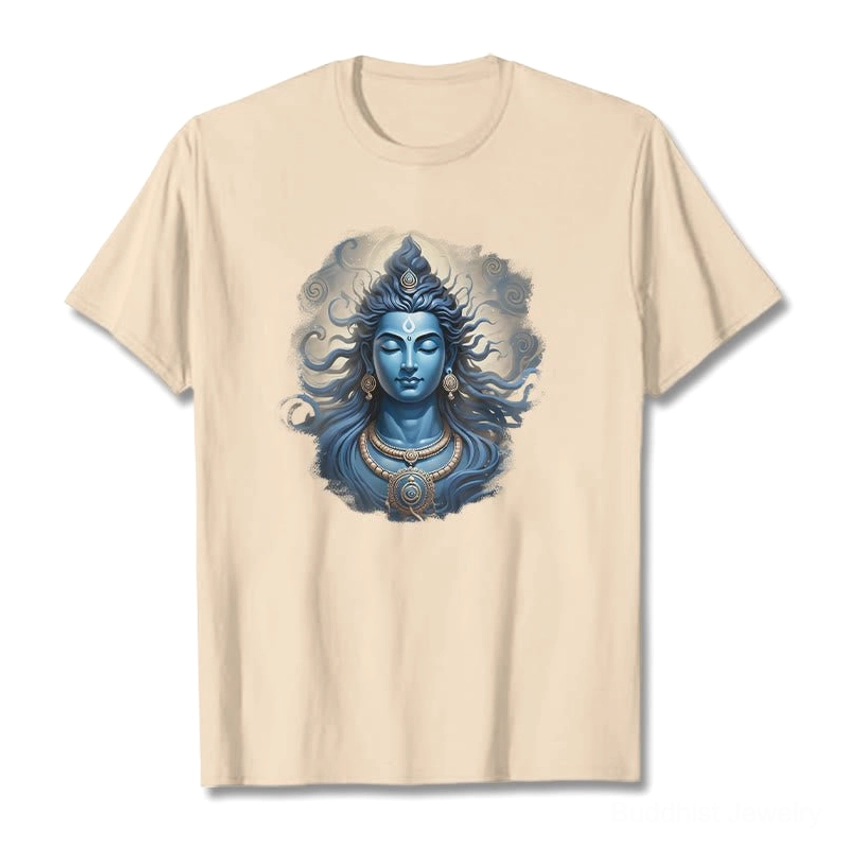Spiritual graphic tee on female model wearing white shirt with sacred Om Namah Shivaya print, front pose