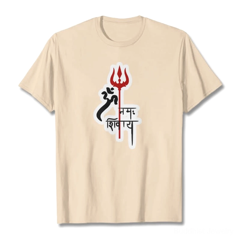 Om Namah Shivaya trident cotton t-shirt flat lay bisque cream color spiritual wear