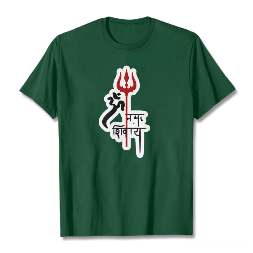 Om Namah Shivaya trident print cotton t-shirt flat lay forest green spiritual wear