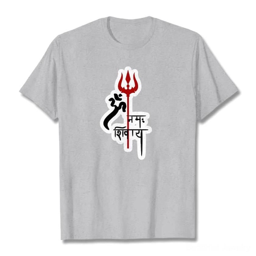 Om Namah Shivaya trident t-shirt flat lay light grey spiritual cotton tee