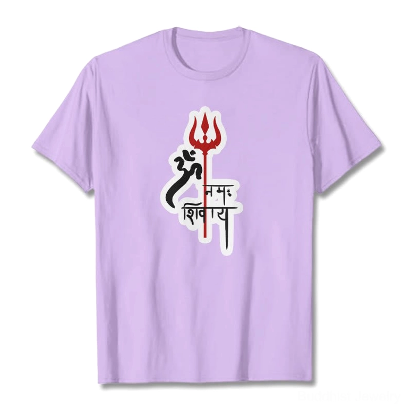 Om Namah Shivaya trident spiritual t-shirt flat lay lilac purple meditation tee