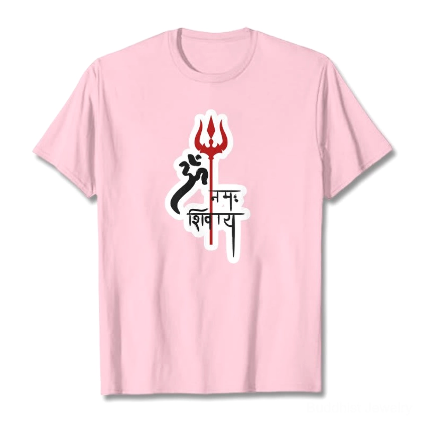 Om Namah Shivaya sacred mantra print t-shirt flat lay pastel pink soft cotton