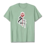 Om Namah Shivaya trident cotton t-shirt flat lay front view sage green spiritual tee