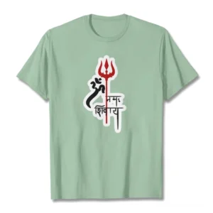 Om Namah Shivaya trident cotton t-shirt flat lay front view sage green spiritual tee