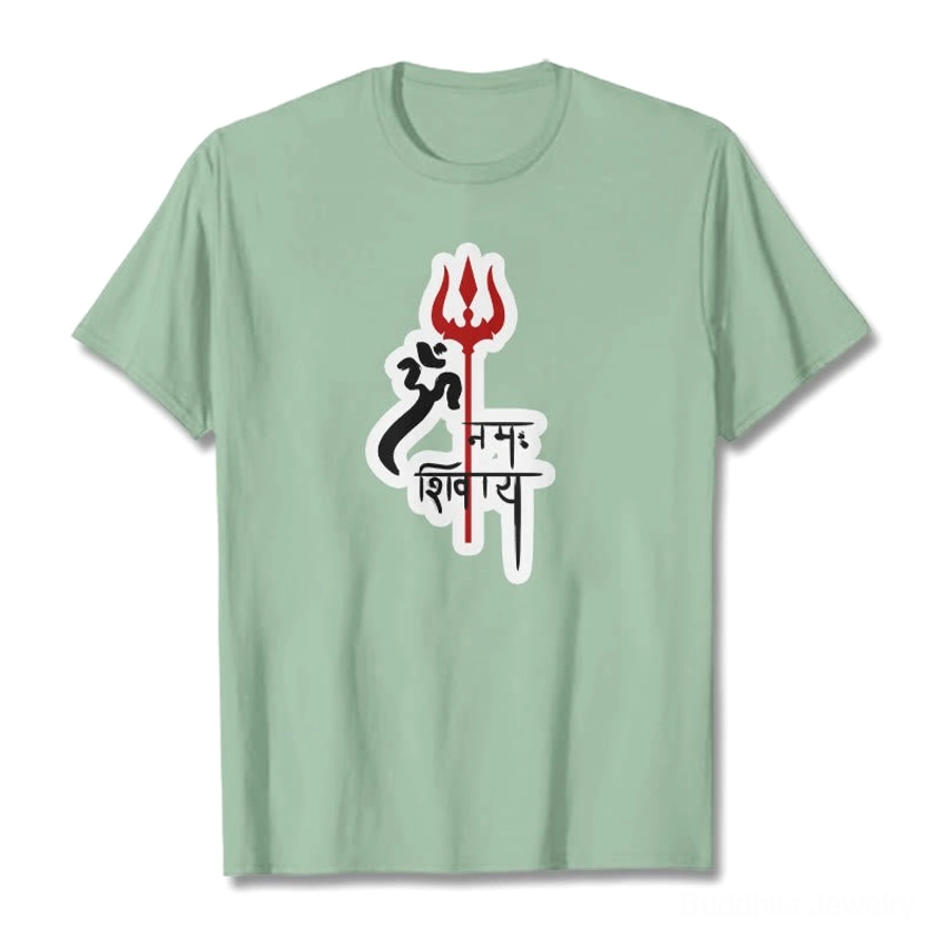 Om Namah Shivaya trident cotton t-shirt flat lay front view sage green spiritual tee