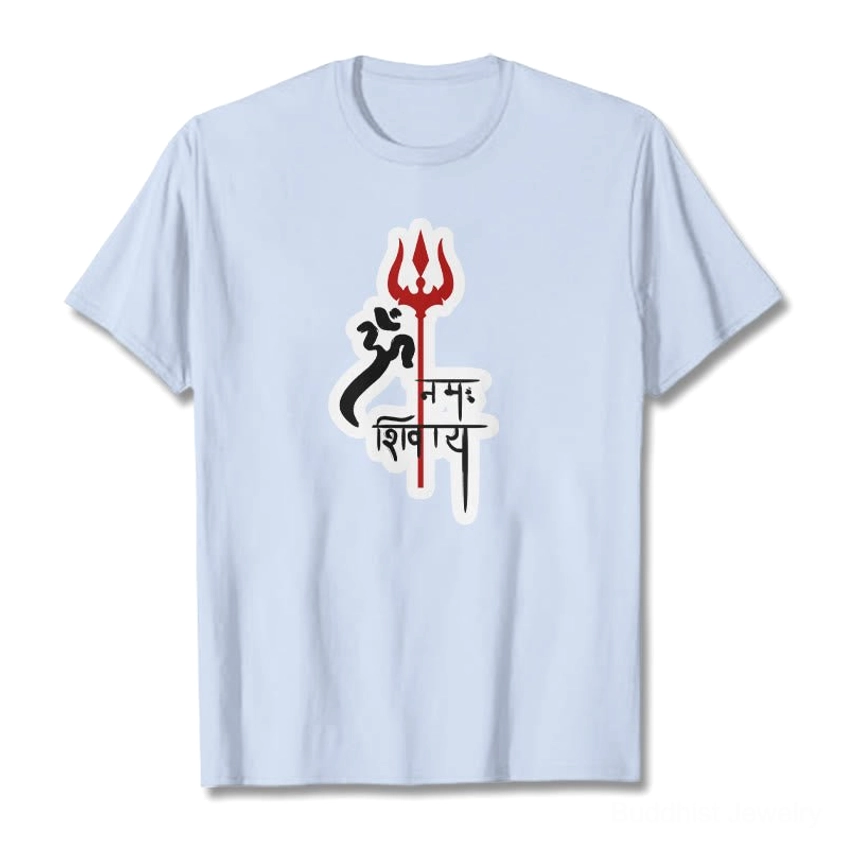 Om Namah Shivaya sacred mantra t-shirt flat lay sky blue cotton crew neck