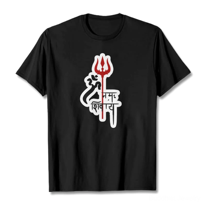 Om Namah Shivaya meditation t-shirt close-up print detail white ink design