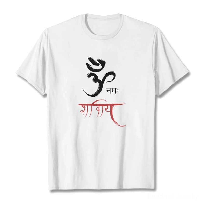 White Om Namah Shivaya Sanskrit spiritual t-shirt with black and red mantra print, flat lay