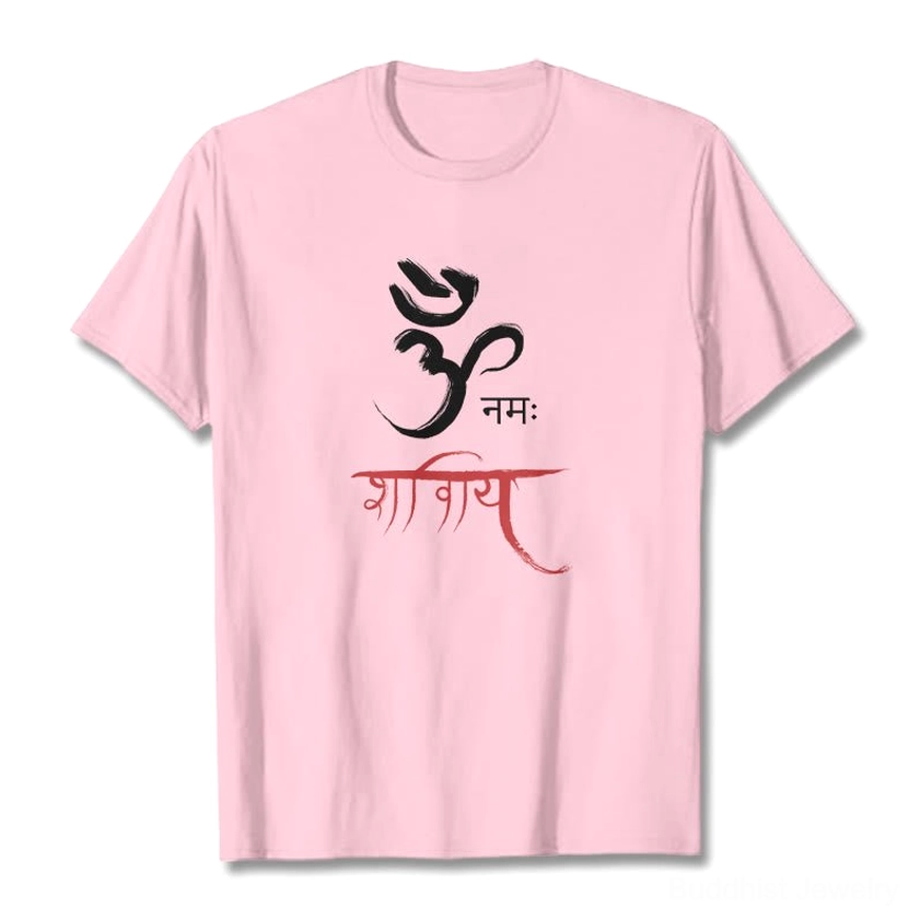 White Om Namah Shivaya spiritual t-shirt displayed flat, Sanskrit design front center