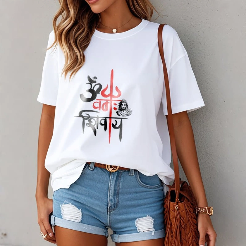 Woman wearing OM Namah Shivaya white spiritual t-shirt with denim shorts summer style