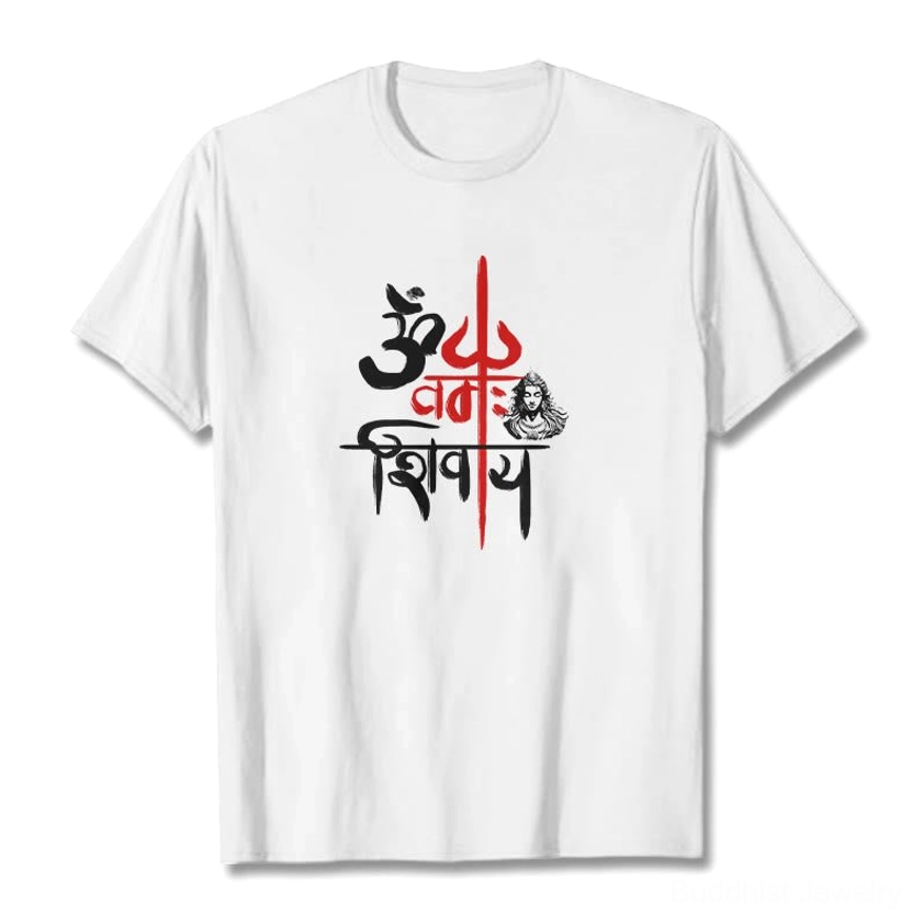 OM Namah Shivaya white cotton t-shirt with sacred trident mantra print flat lay