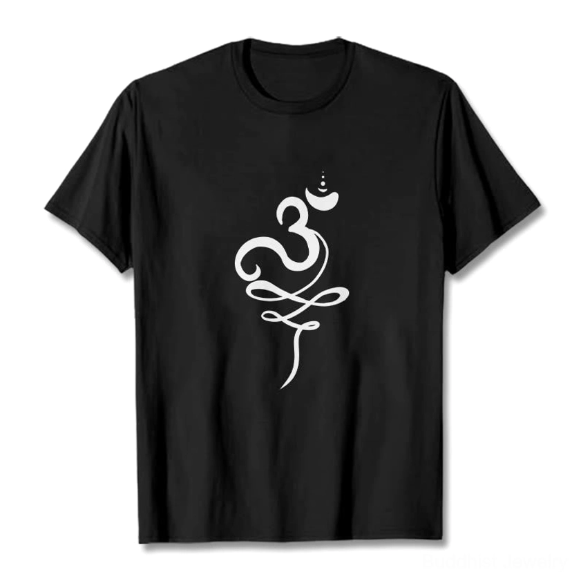 OM Sanskrit Buddhist T-Shirt Black flat lay front view with white Om print