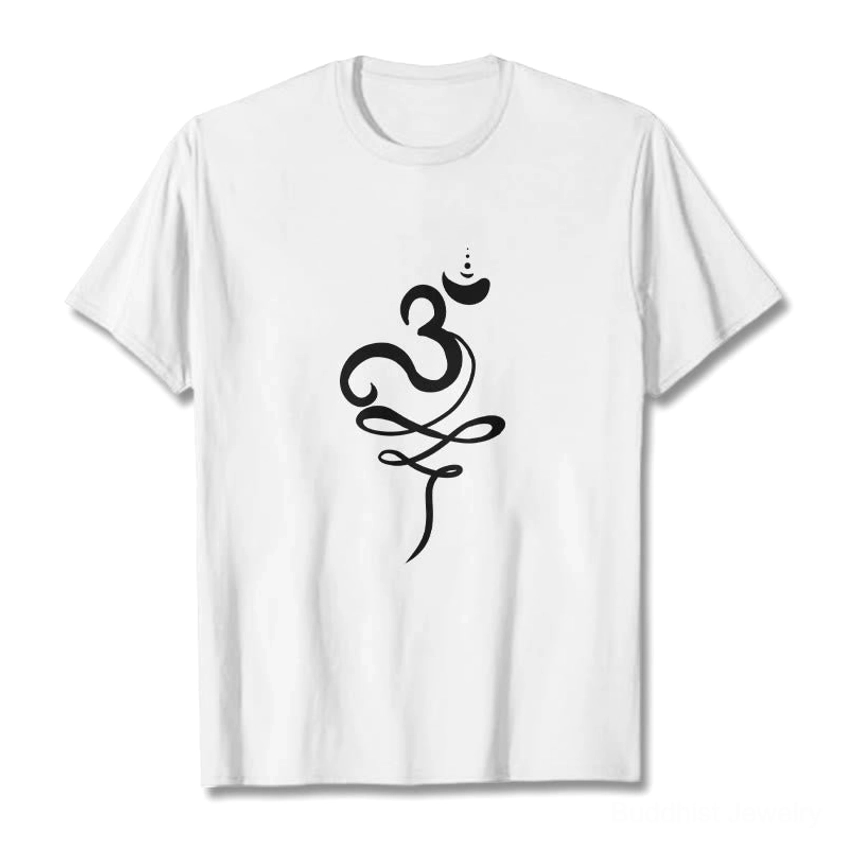 OM Sanskrit Buddhist T-Shirt white flat lay front view with black Om print