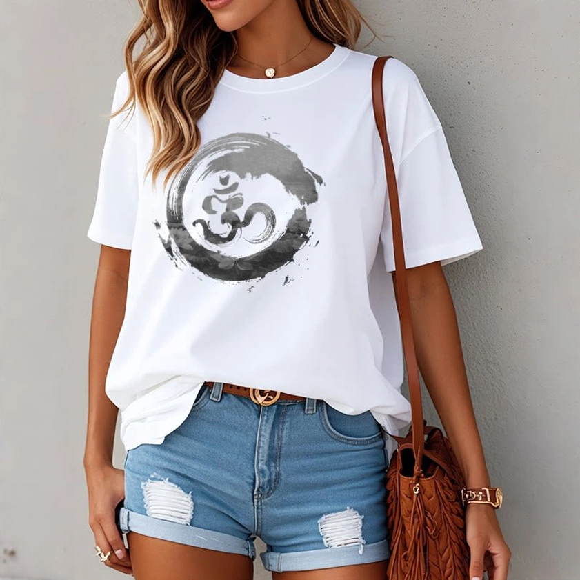 Mindfulness Om tee white color worn casual style relaxed fit light backdrop