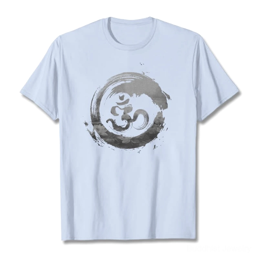 Spiritual Om symbol cotton t-shirt white ink design front view flat lay