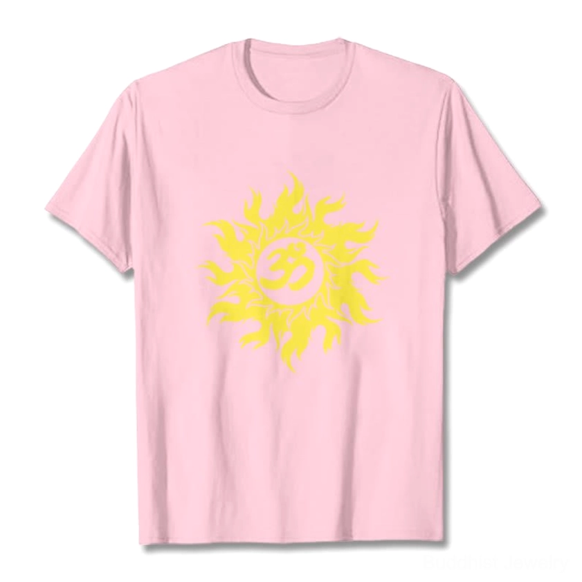 Detail shot of golden Om symbol and sun print on Buddhist t-shirt, white ink film printing quality closeup