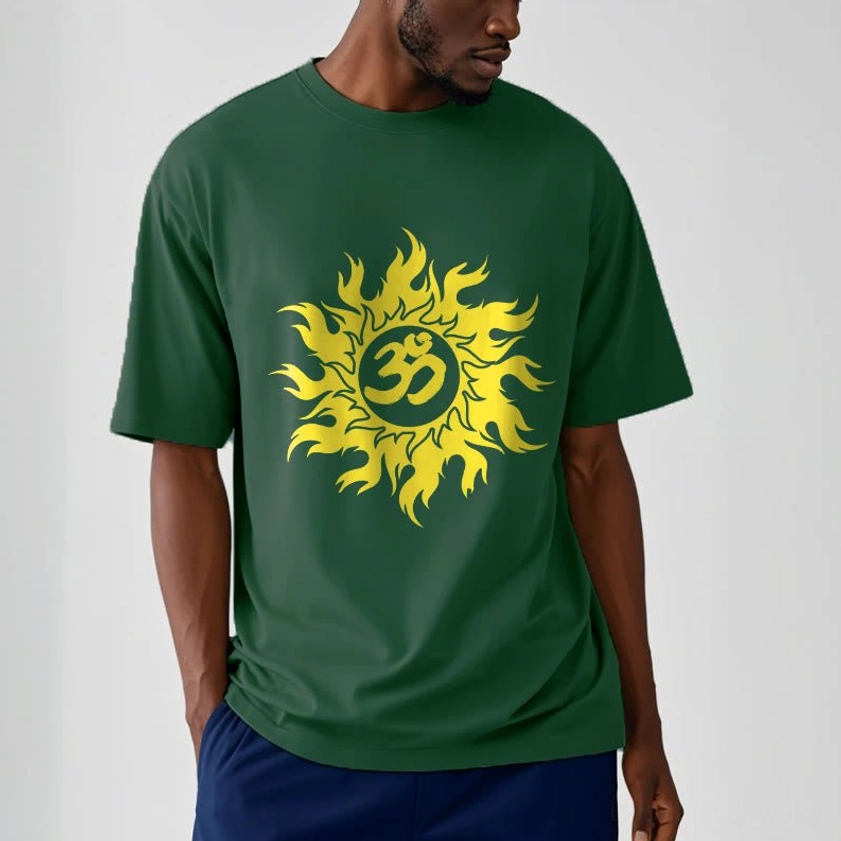 Multiple color options Om sun Buddhist t-shirts displayed, showing black white grey cyan and beige variants
