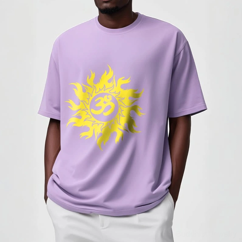 Premium 100% cotton fabric texture Om sun Buddhist t-shirt, soft comfortable natural material closeup