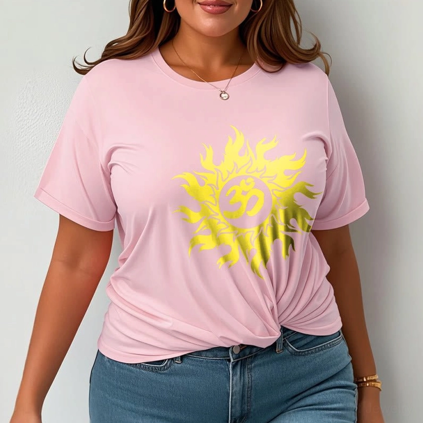 Styling inspiration Om sun Buddhist t-shirt worn with accessories, spiritual mindful fashion concept