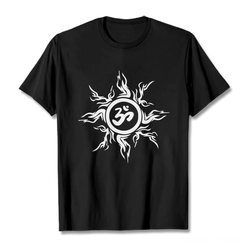 Black Om sunburst Buddhist t-shirt flat lay front view with white printed spiritual symbol design