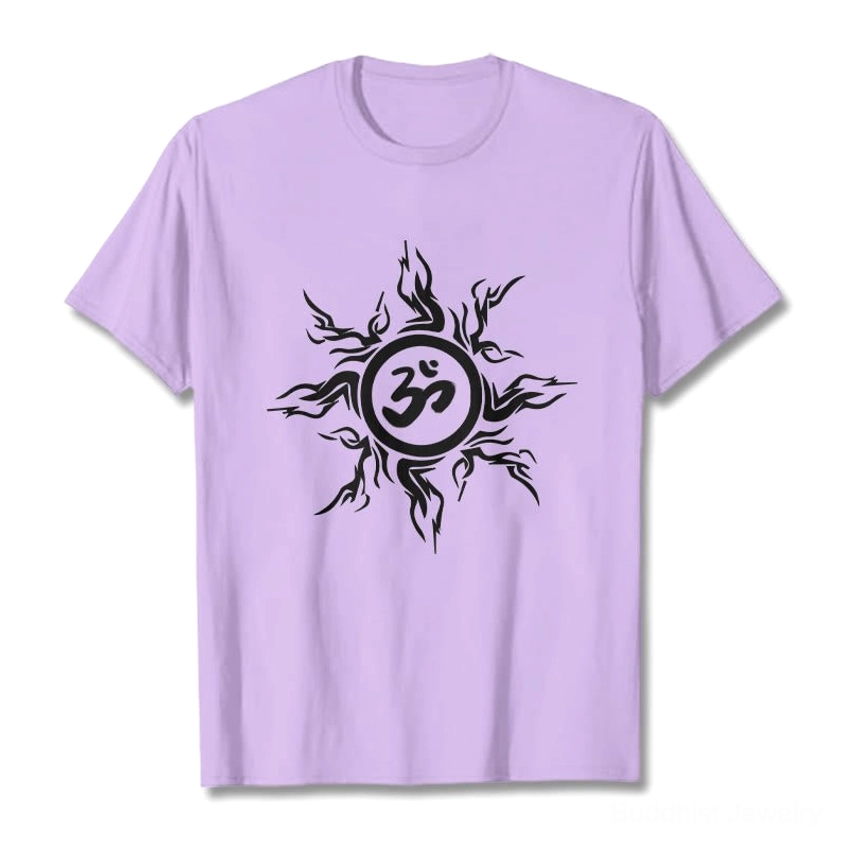 Black Om sunburst t-shirt flat lay showing crisp white ink print on dark cotton fabric
