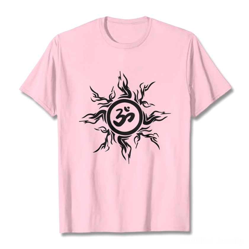 Light cyan Om sunburst cotton spiritual t-shirt flat lay with turquoise fabric and print detail