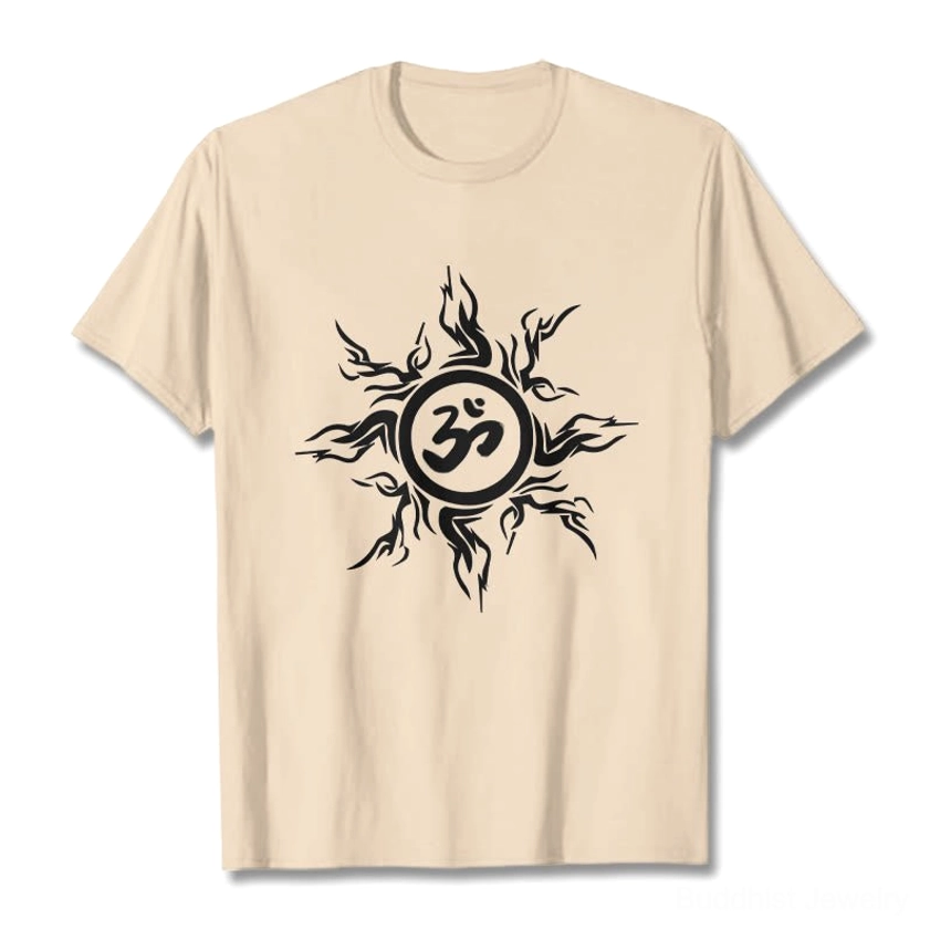 Khaki beige Om sunburst cotton t-shirt flat lay front view with black printed spiritual symbol