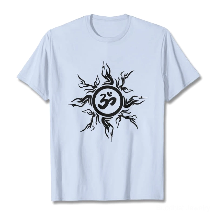 Light cyan Om sunburst Buddhist t-shirt showing turquoise fabric with black spiritual print