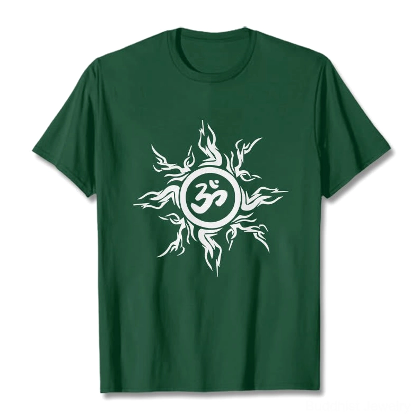 Light grey Om sunburst Buddhist t-shirt flat lay front view with black printed sacred symbol