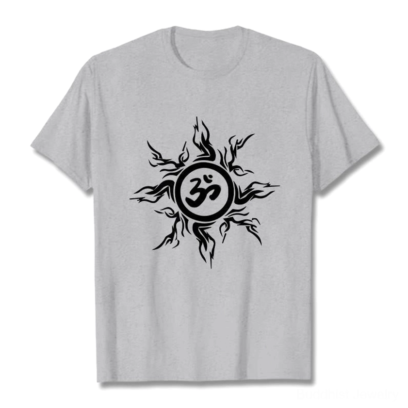 Light grey Om sunburst t-shirt front view displaying soft grey tone with spiritual Om design