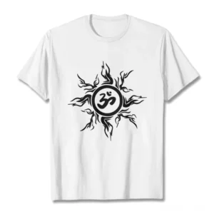 Om sunburst Buddhist cotton t-shirt flat lay front view white fabric with black printed spiritual design