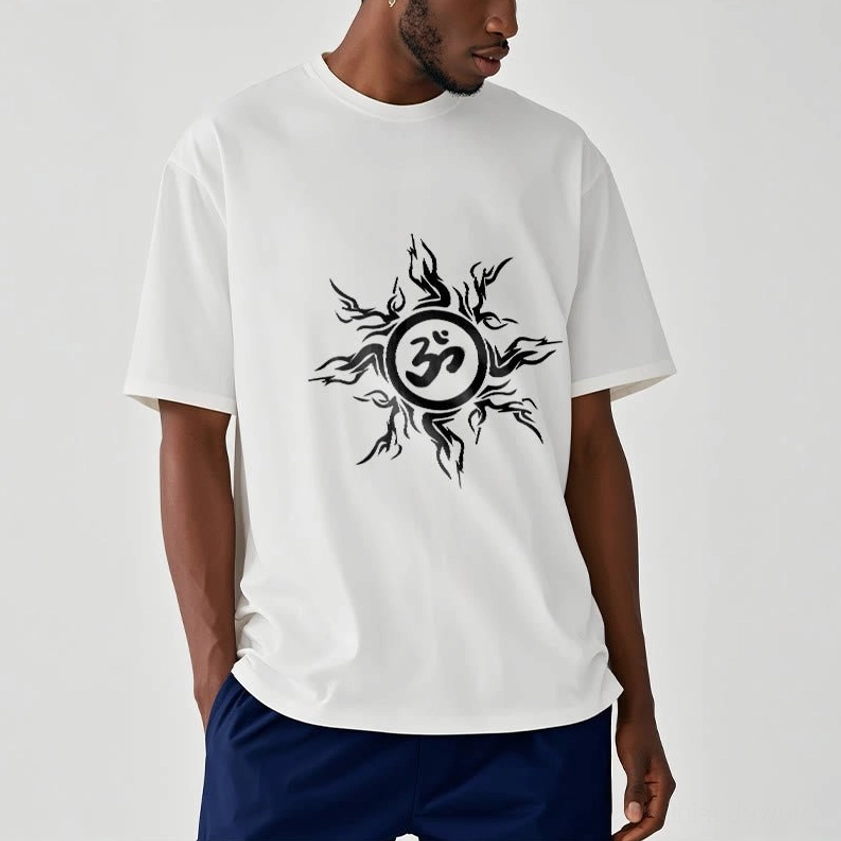Off-white Om sunburst Buddhist t-shirt half-body model view with spiritual print details
