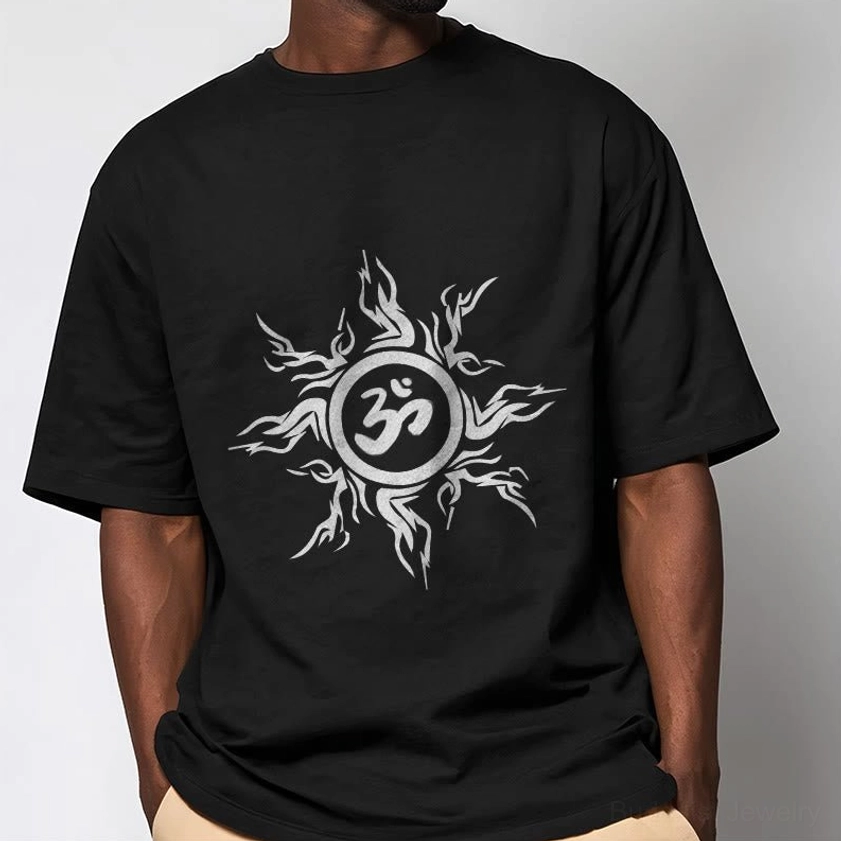 Black cotton Om sunburst t-shirt half-body front model view with detailed spiritual print