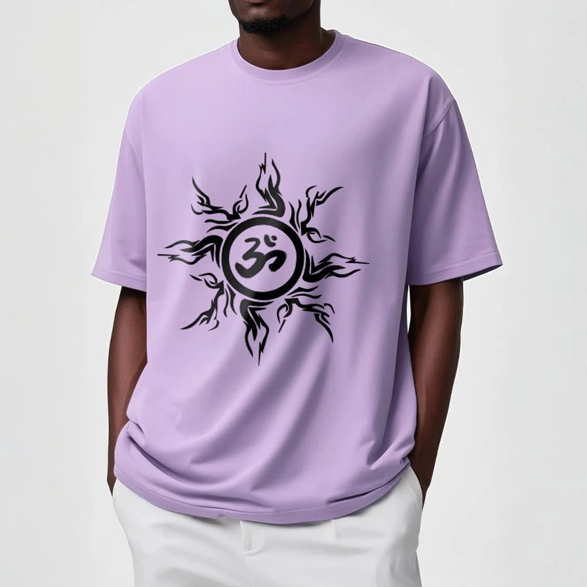 Charcoal grey Om sunburst spiritual t-shirt flat lay front view with white printed symbol