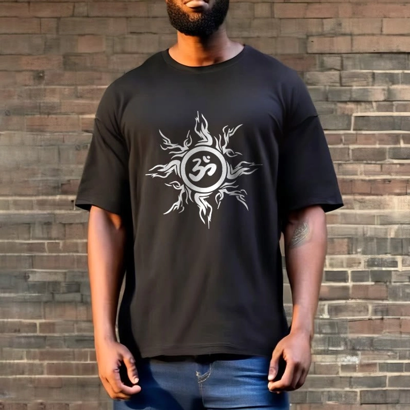 Charcoal grey Om sunburst Buddhist t-shirt on model with white printed design against brick wall