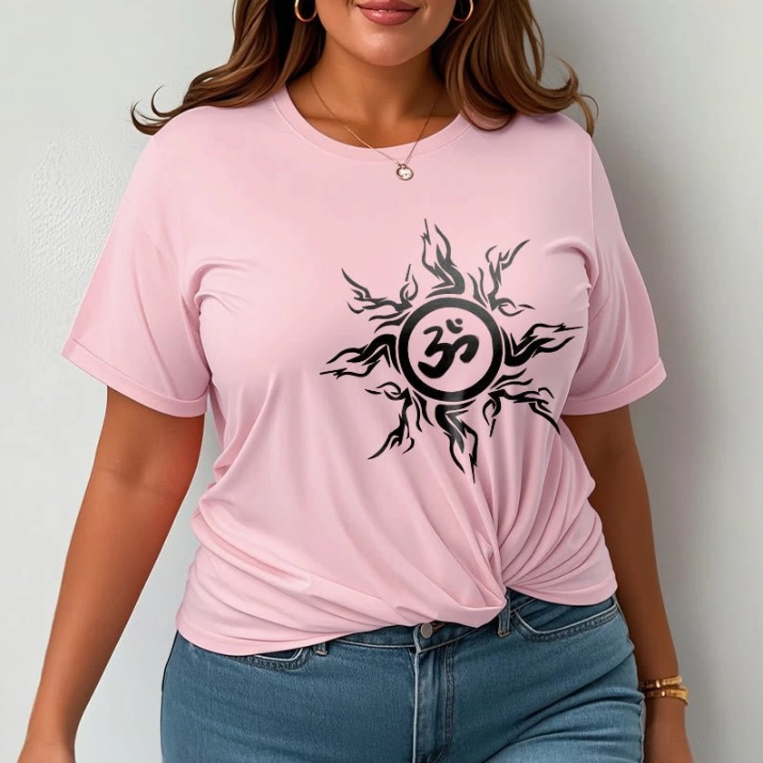 Light cyan Om sunburst t-shirt half-body model view showing relaxed fit and spiritual symbol