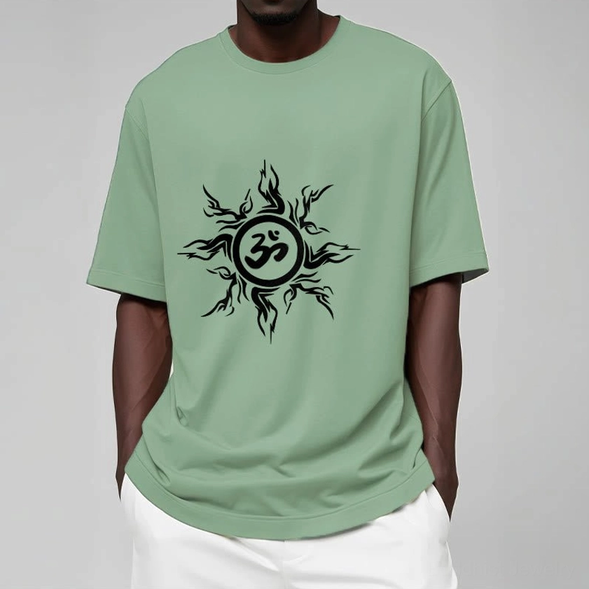 Khaki beige Om sunburst Buddhist t-shirt half-body model view with black printed design