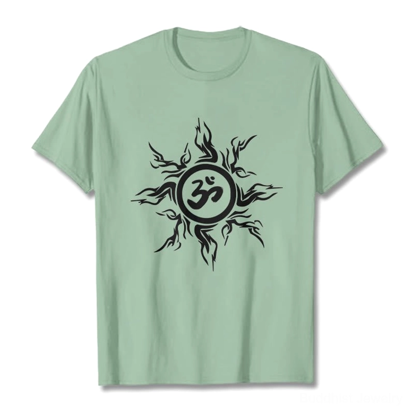 Khaki Om sunburst spiritual t-shirt model wear showing beige color and comfortable regular fit