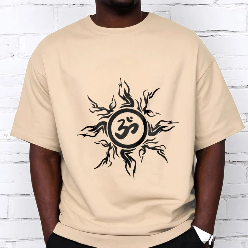 Light cyan Om sunburst spiritual t-shirt on model showing turquoise base and black printed design