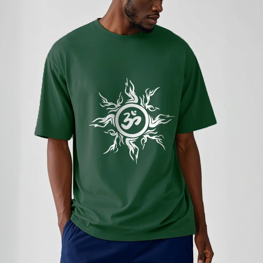 Light grey Om sunburst t-shirt on model displaying soft color and spiritual graphic design