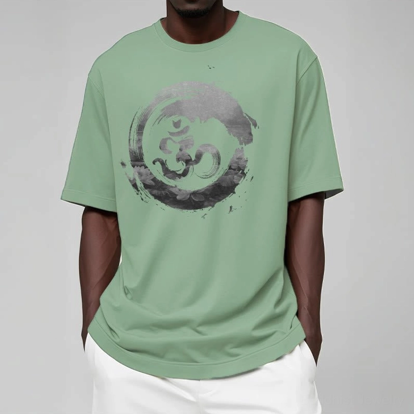 Buddhist Om symbol tee half body model wearing relaxed fit casual attire